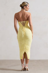 Lemon Ruched Corset Bodycon Midi Dress